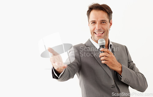 Image of Portrait, microphone and a man motivational speaker in studio isolated on a white background for a presentation. Leadership, management and motivation with a business man talking during a seminar