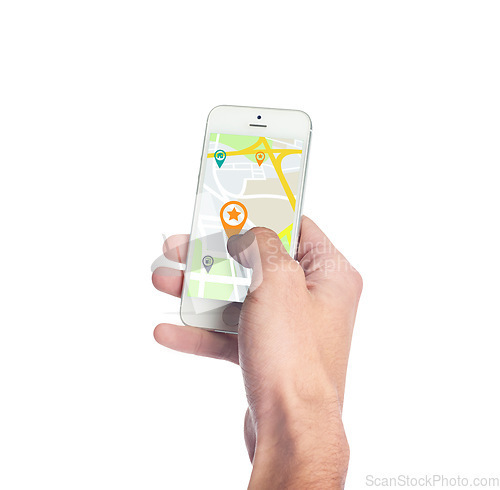 Image of Closeup, hand and smartphone with gps, travel and digital information isolated against white studio background. Person, traveler or holding a cellphone, mobile app and website for direction and a map