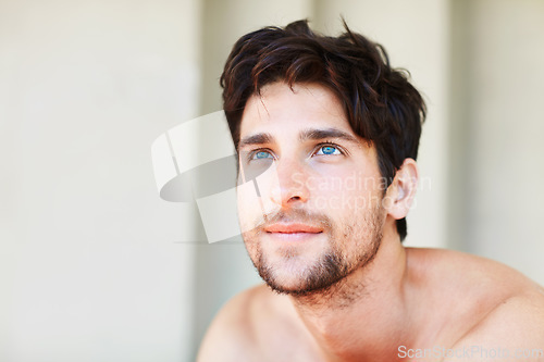 Image of Ideas, beauty and man with skincare, thinking or dermatology with thoughts, wonder or grooming. Male person, decision or guy with opportunity, cosmetics or mockup with self care, treatment or routine