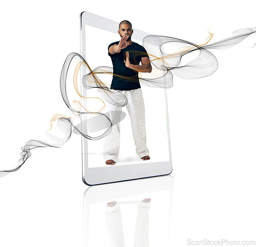 Image of Portrait, mobile app and man with move, karate and fitness isolated against a white studio background. Face, male person and athlete with smartphone, screen and movements for health and wellness