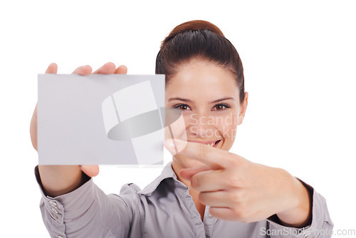 Image of Mockup, paper and portrait of business woman in studio for idea, networking and idea. Corporate, signage and happy with female employee pointing to card on white background for news and presentation