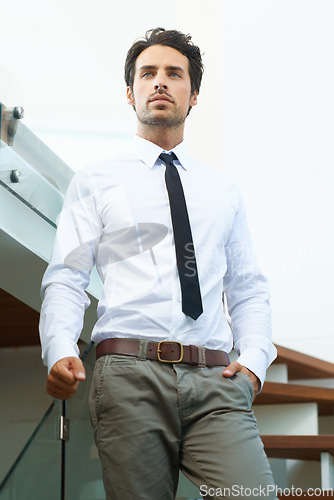Image of Corporate, businessman with professional outfit on stairs. Business office worker or accountant, young executive or employee looking focused and elegant with person thinking at workplace on steps