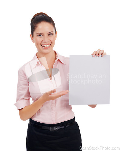 Image of Mockup, paper and portrait of business woman in studio for idea, promotion and show. Corporate, signage and happy with female employee pointing to poster on white background for news and presentation