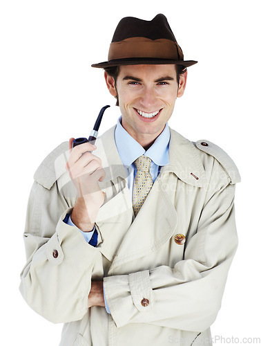 Image of Vintage spy, studio portrait and pipe for smoking, smile and investigation by white background. Isolated agent, private investigator and happiness with smoke, surveillance and inspection by backdrop