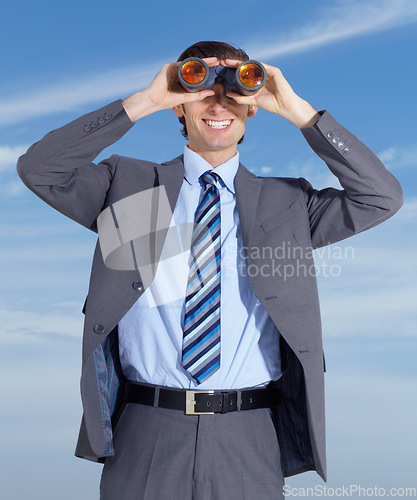 Image of Binoculars, opportunity and search for business man with blue sky, smile and investigation. Executive, job and searching for outdoor businessman with investigate gear and future vision ready for work