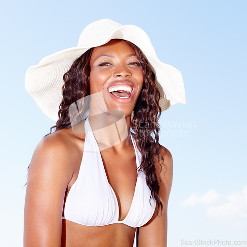 Image of Happy, bikini and relax with portrait of black woman at beach for summer, vacation and travel. Sunshine, smile and holiday with female tourist at seaside for tropical, ocean and blue sky mockup