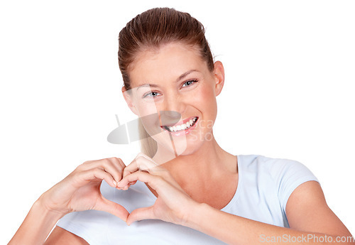 Image of Love, care and portrait of woman doing heart sign, shape or gesture with hands isolated on a white studio background. Happy, casual and female person with happiness, care and kindness signal