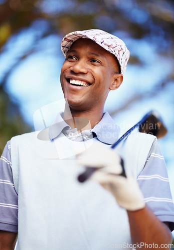 Image of Sports, smile and happy with black man on golf course for training, competition and game. Happiness, fitness and relax with male golfer and club in outdoors for golfing, summer and workout practice