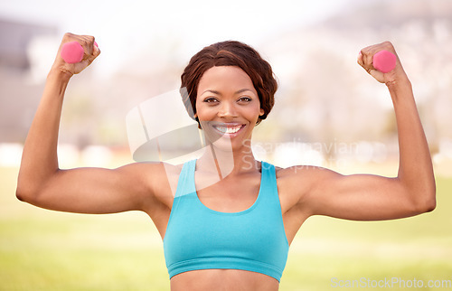 Image of Weights, fitness and portrait of black woman flex in park for exercise, body builder training and workout. Sports, happy and female athlete smile for weightlifting, healthy lifestyle or strong muscle