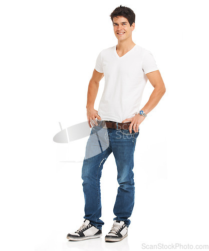 Image of Portrait, beauty and man with a smile, casual outfit and confident guy isolated against a white studio background. Face, male person and model with full body, happiness and trendy clothes on backdrop