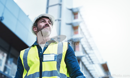 Image of Engineering, building and architecture with man in city for planning, designer or industry. Architecture, project management or infrastructure with male contractor on construction site for inspection