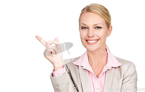 Image of Portrait, pointing and woman with a decision, business and consultant isolated against white studio background. Face, female person or employee with hand gesture, choice or opportunity with direction