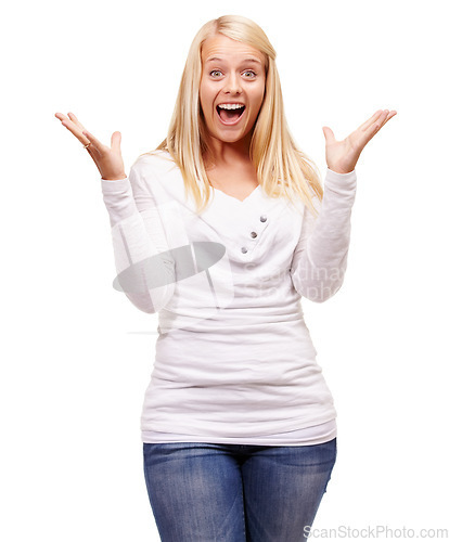 Image of Excited, wow and woman portrait with good news announcement and surprise in a studio. Isolated, female person and white background with happiness and smile from shock feeling surprised and stylish