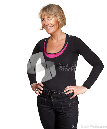 Image of Portrait, mockup and senior woman with confidence, smile and lady isolated against white studio background. Face, female person and mature model with fashion, casual outfit and stylish with happiness