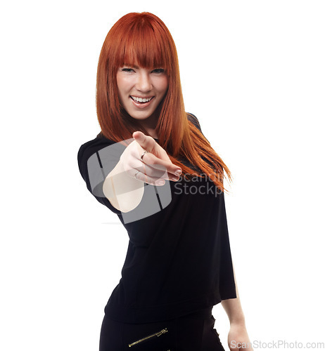 Image of Portrait, choice and pointing with a ginger woman in studio isolated on a white background for motivation. Smile, accountability and hand gesture with a happy young female person making a decision
