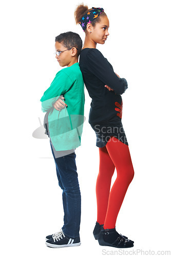 Image of Boy, girl or children in studio with back together, angry and silent treatment by white background. Isolated friends, young siblings and anger with arms crossed, family and profile by backdrop