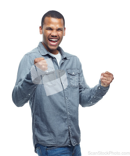 Image of Yes, excited and man celebration portrait in studio with casual fashion and happiness from win. Smile, winning and achievement of a African male and model with white background and winner fist