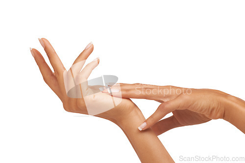 Image of Smooth, moisturized and touching hands for skincare isolated on a white background in a studio. Soft, glow and a woman feeling a hand after a manicure or beauty treatment for wellness of skin