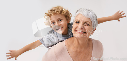 Image of Airplane, smile and portrait of grandmother with child embrace, happy and bond on wall background. Love, face and senior woman with grandchild having fun playing, piggyback and enjoying game together