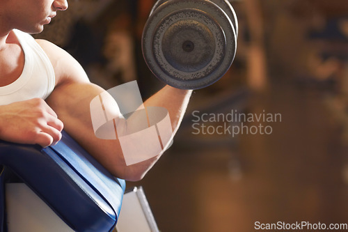 Image of Arm, dumbbell weights and man with training routine, bodybuilder commitment or focus on power, health or club challenge. Exercising, gym performance and healthy male person with bicep curl