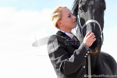 Image of Horse, sport and woman on equestrian training and competition ground with blue sky. Outdoor, sun female competitor and show horses stable with a rider athlete and animal with mockup in nature