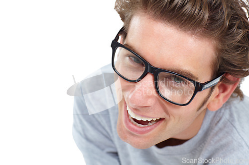 Image of Young happy man, face and portrait smile with glasses laughing against a white studio background. Closeup of handsome male model smiling or laugh with teeth or spectacles in nerd, funny or geek style