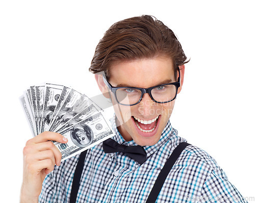 Image of Money, nerd portrait and excited man with dollars in studio isolated on a white background. Geek, funny and male person with cash after lottery, winning or bonus, cashback and financial freedom.