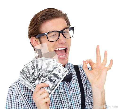 Image of Ok sign, wink and man with dollars or money in studio isolated on a white background. Winner, okay hand and person with cash after lottery, competition or bonus prize, cashback and financial freedom.