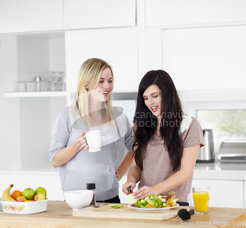 Image of Kitchen, friends and vegan women with salad for healthy eating, meal and lunch together at home. Food, nutrition and happy female people smile with drink and vegetables for diet, wellness and detox