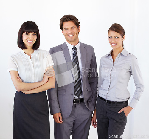 Image of Business people, corporate team in portrait with smile, confidence and collaboration against white background. Coworking group, man and women are happy working together with teamwork and support