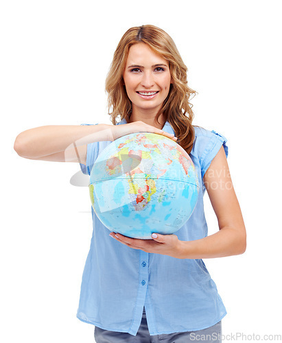 Image of Smile, portrait and woman with a globe in a studio for global maps, geography or earth day. Happy, education and female teacher with a world planet 3d model for a lesson isolated by white background.