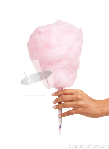 Image of Cotton candy, sweet and woman hands isolated on a white background for snack, pink food and holiday treat. Person hand holding, giving or offer color cone for youth, childhood and festival in studio