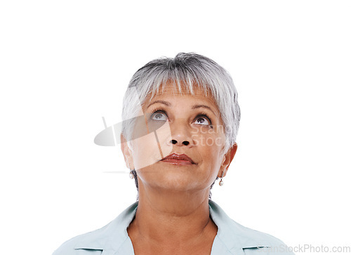 Image of Isolated, senior woman and thinking on question or looking up, mental health and studio white background. Elderly lady face, dreaming and concerned for future, retirement or idea, curious and mockup