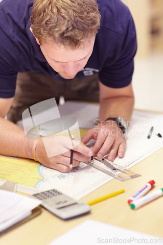 Image of Map, man working and sea marine investigation with a drawing and ruler on a table. Sailing strategy, rescue and boat worker with navigation paperwork with lifeguard planning and distance calculation