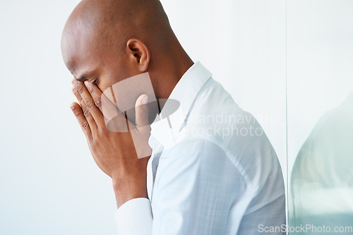 Image of Business, depression and black man crying in office, problem or stress on mockup. Sad, depressed and male professional with fatigue, tired or burnout, anxiety or mental health after fail in workplace