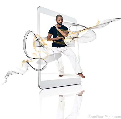 Image of Karate, tablet and training website, online app or class on technology, smartphone or cell and martial arts, man or social media. Screen, esport or internet service or mobile, student or learning