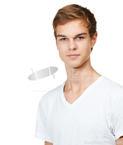 Image of Fashion, style and portrait of man in studio with confidence, attractive and pride on white background. Youth, confident and face of isolated handsome young male person with trendy casual clothes