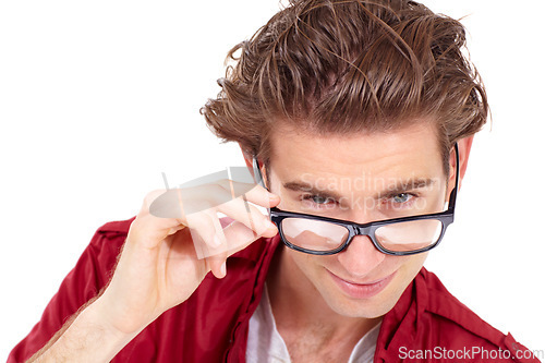 Image of Face, closeup portrait of man with glasses and in a studio or white background. Positive attitude, cool and isolated male fashion model removing spectacles with confident and flirty smirk.