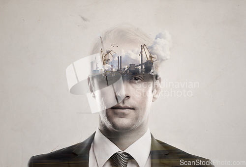 Image of Man, double exposure portrait and construction with city, ideas and mindset for urban development. Businessman, industry overlay and crane for production, building or manufacturing by gray background