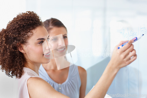 Image of Happy business people, whiteboard and writing for planning, presentation or schedule at the office. Woman, coach or mentor smiling for project plan, tasks or training staff and coaching at workplace