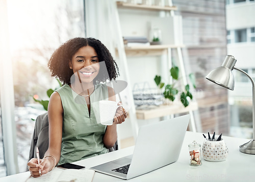 Image of Portrait, business and black woman with a smile, laptop and connection with a notebook, coffee cup and startup success. Face, female employee and happy entrepreneur with happiness, tea and planning