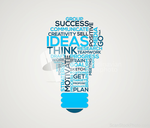 Image of Lightbulb, seo and business word cloud text in a drawing of success and corporate ideas. Visionary, motivation and company innovation litters and words with isolated white background and no people