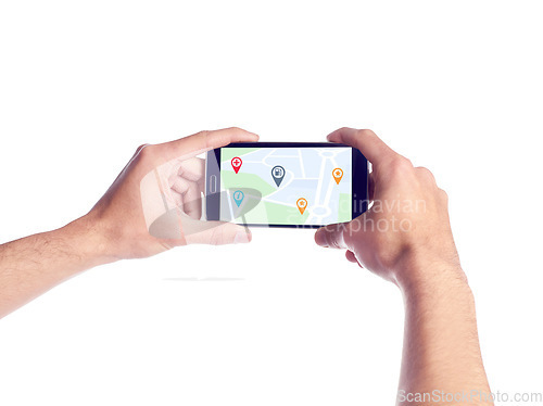 Image of City, person with hands closeup with smartphone and location of digital map on screen in white background. Technology for landmarks or spots, cellphone with tracking data and in studio backdrop