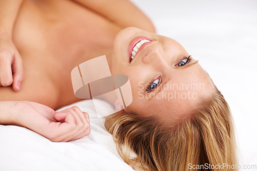 Image of Bed, topless and portrait of relax happy woman in bedroom at home. Cosmetic or body care, confidence or proud for happy shirtless and female model with smile to promote health and feminine beauty