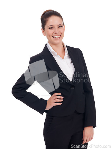 Image of Business, portrait and happy woman in studio confident, young and empowered on white background. Face, smile and female manager person posing with positivity, proud and professional while isolated