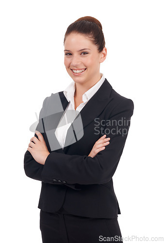 Image of Portrait, business and woman with arms crossed, smile and employee isolated against white studio background. Face, female consultant and entrepreneur with confidence, professional and career success