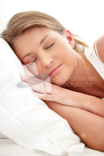 Image of Sleeping, morning and relax with woman in bedroom for resting, calm and tired. Dreaming, comfortable and weekend with female person nap in bed at home for weekend, peaceful and exhausted