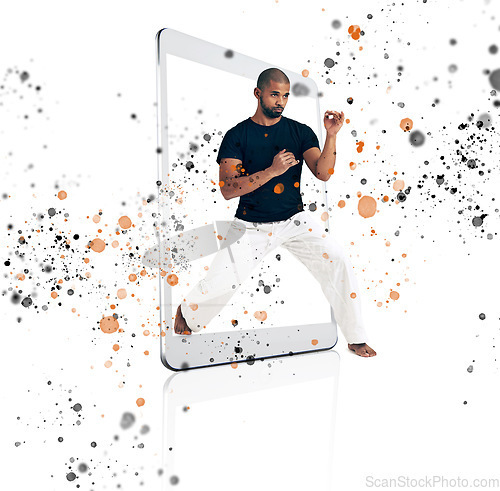 Image of Color splash, digital tablet and frame by karate man in studio for fitness, training and creative sport on white background. Pop, art and screen box by taekwondo male with online app for martial arts