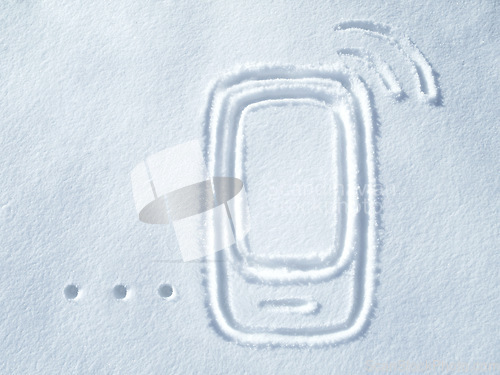 Image of Illustration, phone and snow drawing with no people and outdoor ground showing digital signal. Communication, mobile screen and internet connection graphic art and sign on floor of snowing and ice