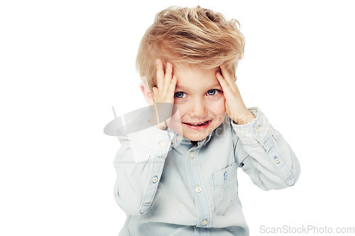 Image of Portrait, child and peeking from hands in studio isolated on a white background mockup space. Smile, peekaboo and boy kid playing game, happiness and having fun while enjoying quality time alone.